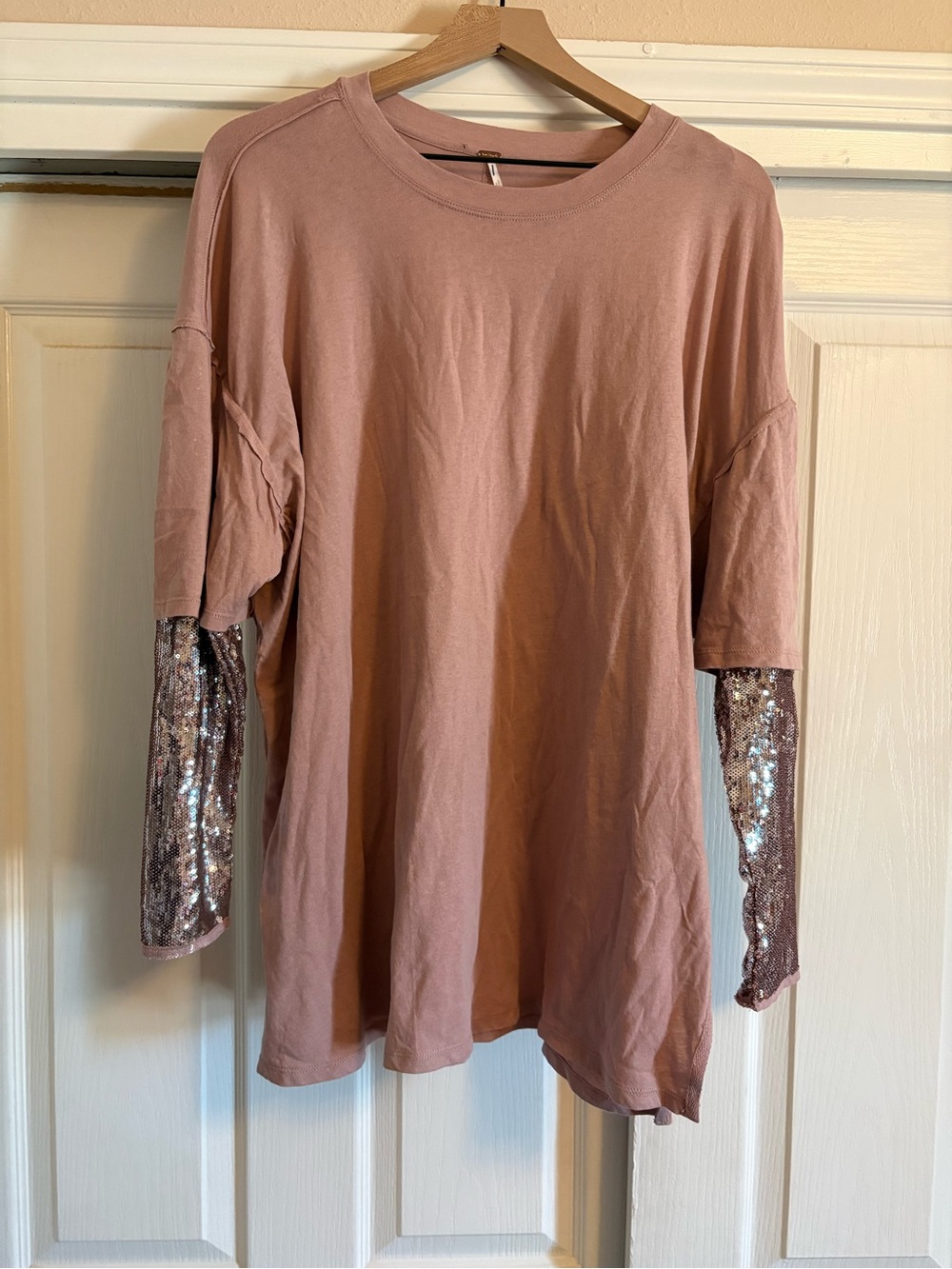 Free People Nellie Sequin Twofer Top, Long Sleeve T-shirt in Dusty Pink